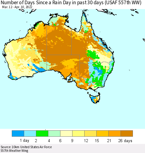 Australia Number of Days Since a Rain Day in past 30 days (USAF 557th WW) Thematic Map For 4/6/2022 - 4/10/2022