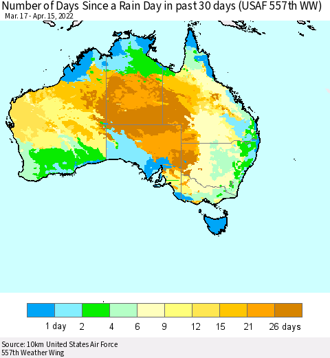 Australia Number of Days Since a Rain Day in past 30 days (USAF 557th WW) Thematic Map For 4/11/2022 - 4/15/2022