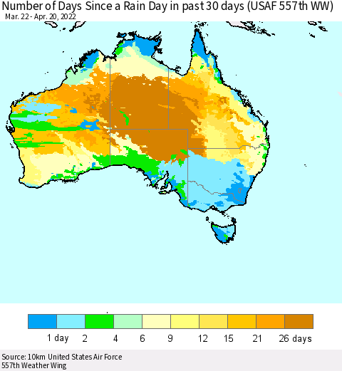 Australia Number of Days Since a Rain Day in past 30 days (USAF 557th WW) Thematic Map For 4/16/2022 - 4/20/2022