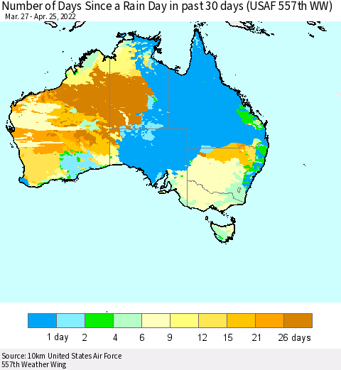 Australia Number of Days Since a Rain Day in past 30 days (USAF 557th WW) Thematic Map For 4/21/2022 - 4/25/2022