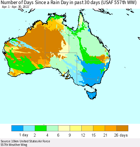 Australia Number of Days Since a Rain Day in past 30 days (USAF 557th WW) Thematic Map For 4/26/2022 - 4/30/2022