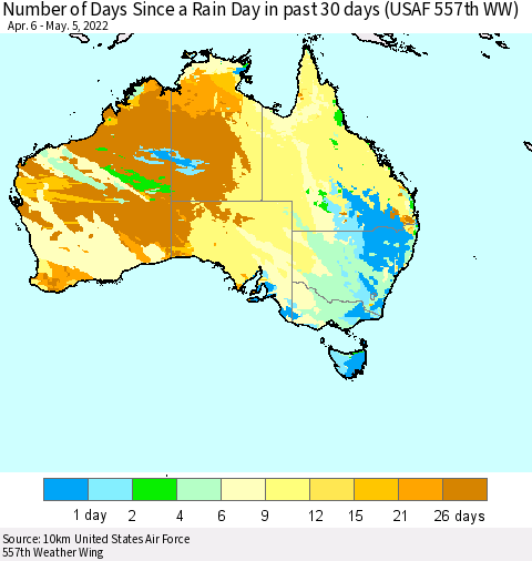 Australia Number of Days Since a Rain Day in past 30 days (USAF 557th WW) Thematic Map For 5/1/2022 - 5/5/2022