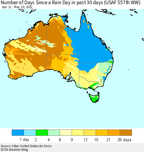 Australia Number of Days Since a Rain Day in past 30 days (USAF 557th WW) Thematic Map For 5/6/2022 - 5/10/2022