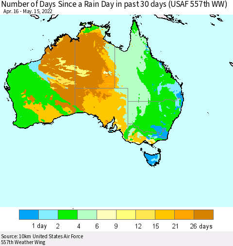 Australia Number of Days Since a Rain Day in past 30 days (USAF 557th WW) Thematic Map For 5/11/2022 - 5/15/2022