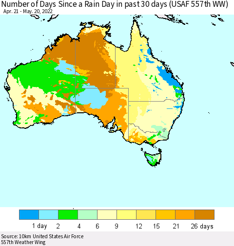 Australia Number of Days Since a Rain Day in past 30 days (USAF 557th WW) Thematic Map For 5/16/2022 - 5/20/2022