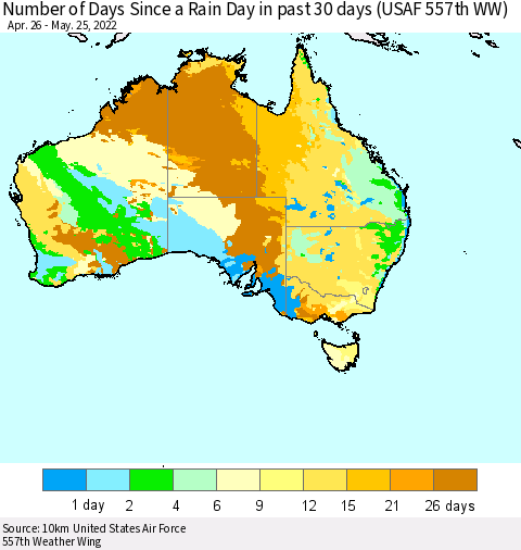 Australia Number of Days Since a Rain Day in past 30 days (USAF 557th WW) Thematic Map For 5/21/2022 - 5/25/2022