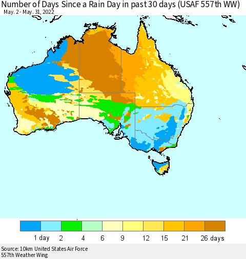 Australia Number of Days Since a Rain Day in past 30 days (USAF 557th WW) Thematic Map For 5/26/2022 - 5/31/2022