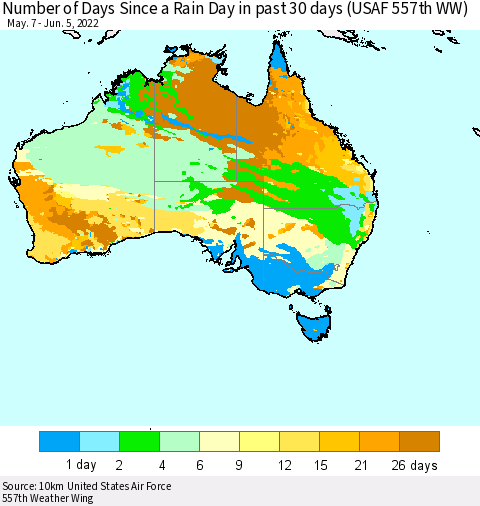 Australia Number of Days Since a Rain Day in past 30 days (USAF 557th WW) Thematic Map For 6/1/2022 - 6/5/2022