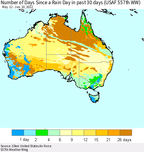 Australia Number of Days Since a Rain Day in past 30 days (USAF 557th WW) Thematic Map For 6/6/2022 - 6/10/2022