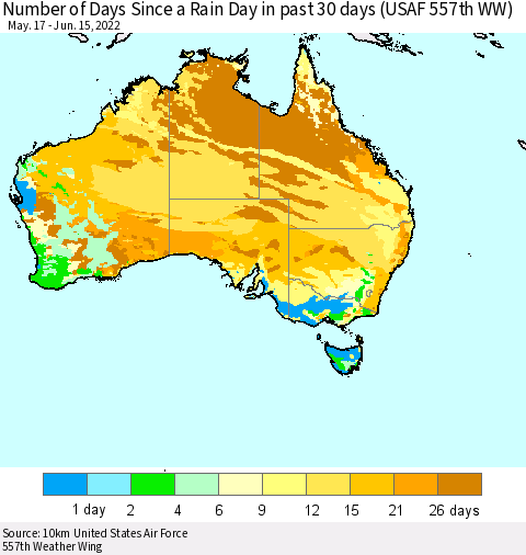 Australia Number of Days Since a Rain Day in past 30 days (USAF 557th WW) Thematic Map For 6/11/2022 - 6/15/2022