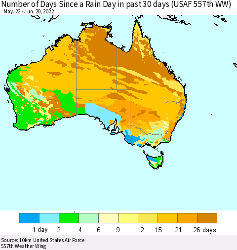 Australia Number of Days Since a Rain Day in past 30 days (USAF 557th WW) Thematic Map For 6/16/2022 - 6/20/2022