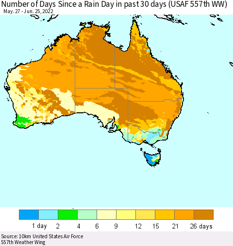 Australia Number of Days Since a Rain Day in past 30 days (USAF 557th WW) Thematic Map For 6/21/2022 - 6/25/2022