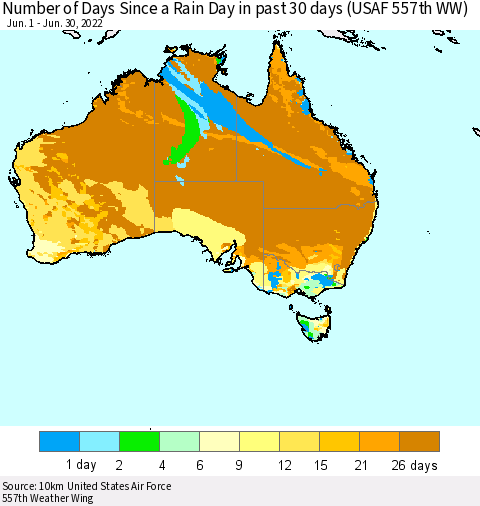 Australia Number of Days Since a Rain Day in past 30 days (USAF 557th WW) Thematic Map For 6/26/2022 - 6/30/2022