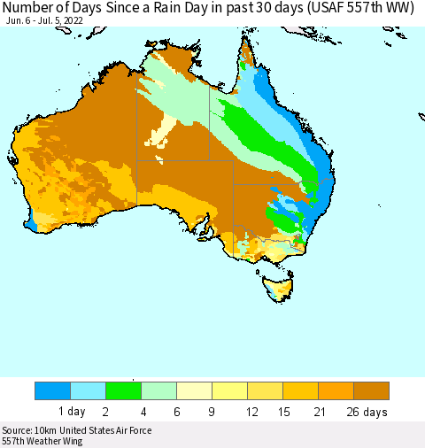 Australia Number of Days Since a Rain Day in past 30 days (USAF 557th WW) Thematic Map For 7/1/2022 - 7/5/2022