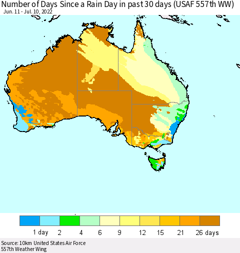 Australia Number of Days Since a Rain Day in past 30 days (USAF 557th WW) Thematic Map For 7/6/2022 - 7/10/2022