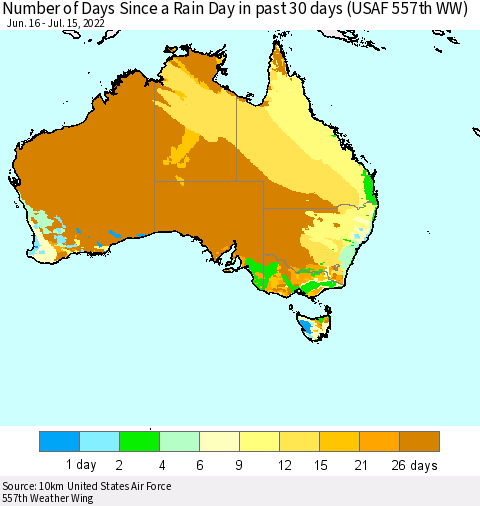 Australia Number of Days Since a Rain Day in past 30 days (USAF 557th WW) Thematic Map For 7/11/2022 - 7/15/2022