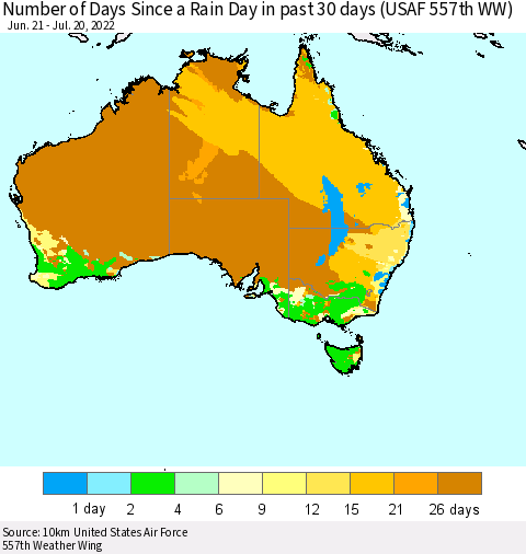 Australia Number of Days Since a Rain Day in past 30 days (USAF 557th WW) Thematic Map For 7/16/2022 - 7/20/2022