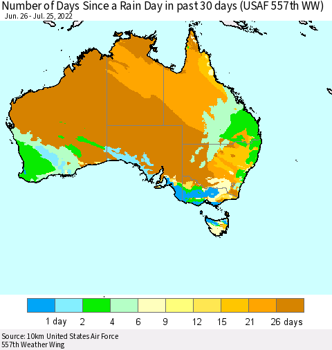 Australia Number of Days Since a Rain Day in past 30 days (USAF 557th WW) Thematic Map For 7/21/2022 - 7/25/2022