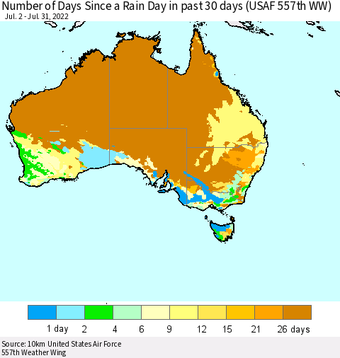 Australia Number of Days Since a Rain Day in past 30 days (USAF 557th WW) Thematic Map For 7/26/2022 - 7/31/2022
