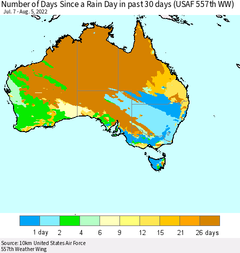 Australia Number of Days Since a Rain Day in past 30 days (USAF 557th WW) Thematic Map For 8/1/2022 - 8/5/2022