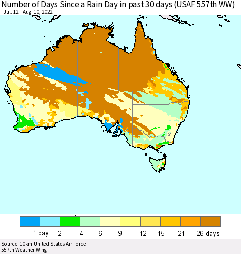 Australia Number of Days Since a Rain Day in past 30 days (USAF 557th WW) Thematic Map For 8/6/2022 - 8/10/2022