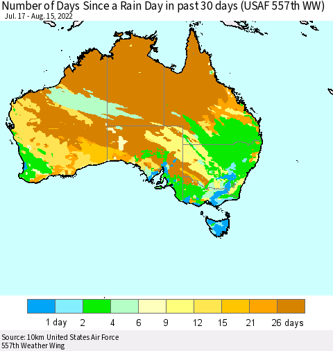 Australia Number of Days Since a Rain Day in past 30 days (USAF 557th WW) Thematic Map For 8/11/2022 - 8/15/2022