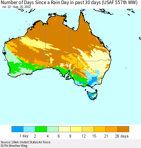 Australia Number of Days Since a Rain Day in past 30 days (USAF 557th WW) Thematic Map For 8/16/2022 - 8/20/2022