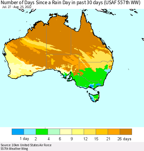 Australia Number of Days Since a Rain Day in past 30 days (USAF 557th WW) Thematic Map For 8/21/2022 - 8/25/2022