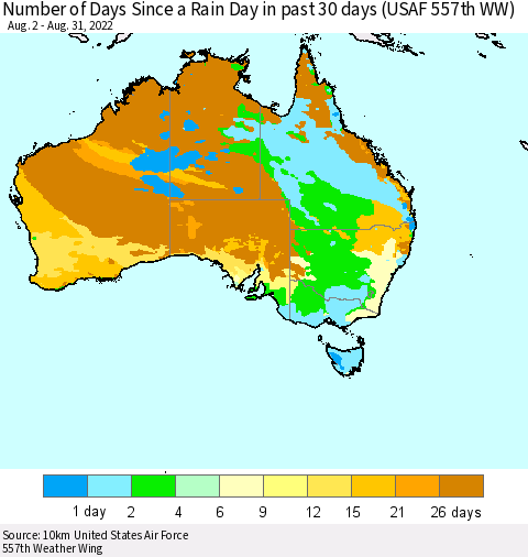 Australia Number of Days Since a Rain Day in past 30 days (USAF 557th WW) Thematic Map For 8/26/2022 - 8/31/2022