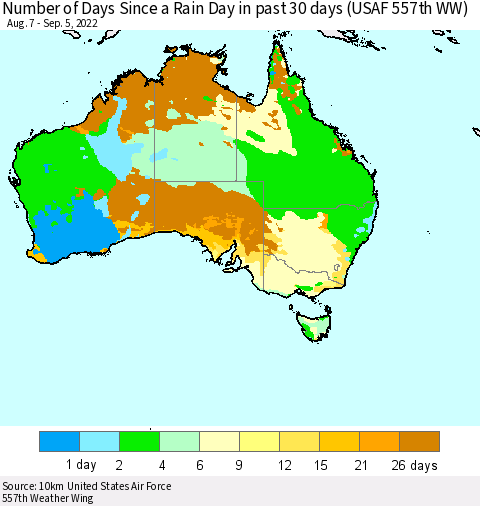 Australia Number of Days Since a Rain Day in past 30 days (USAF 557th WW) Thematic Map For 9/1/2022 - 9/5/2022