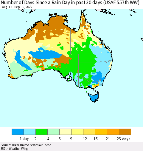 Australia Number of Days Since a Rain Day in past 30 days (USAF 557th WW) Thematic Map For 9/6/2022 - 9/10/2022