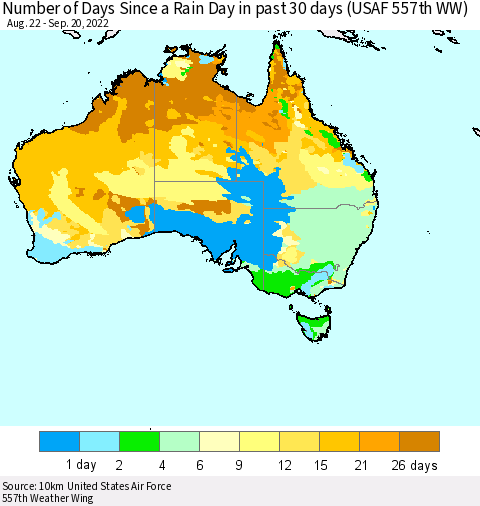 Australia Number of Days Since a Rain Day in past 30 days (USAF 557th WW) Thematic Map For 9/16/2022 - 9/20/2022