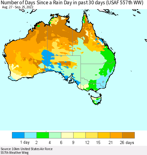 Australia Number of Days Since a Rain Day in past 30 days (USAF 557th WW) Thematic Map For 9/21/2022 - 9/25/2022