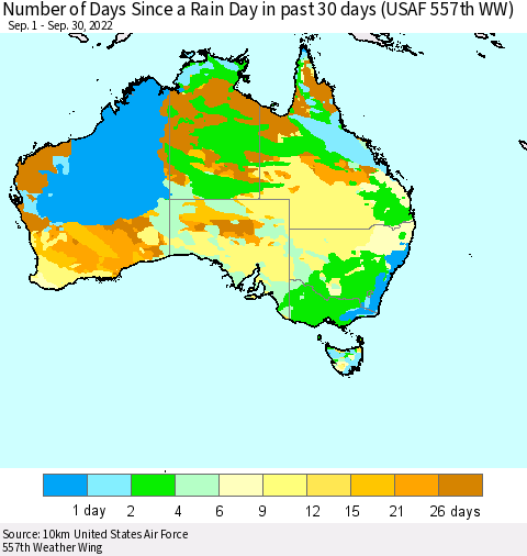 Australia Number of Days Since a Rain Day in past 30 days (USAF 557th WW) Thematic Map For 9/26/2022 - 9/30/2022