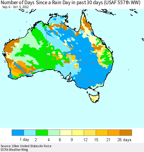 Australia Number of Days Since a Rain Day in past 30 days (USAF 557th WW) Thematic Map For 10/1/2022 - 10/5/2022