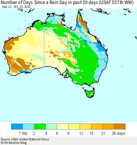 Australia Number of Days Since a Rain Day in past 30 days (USAF 557th WW) Thematic Map For 10/6/2022 - 10/10/2022