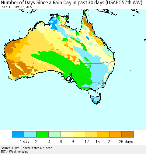 Australia Number of Days Since a Rain Day in past 30 days (USAF 557th WW) Thematic Map For 10/11/2022 - 10/15/2022