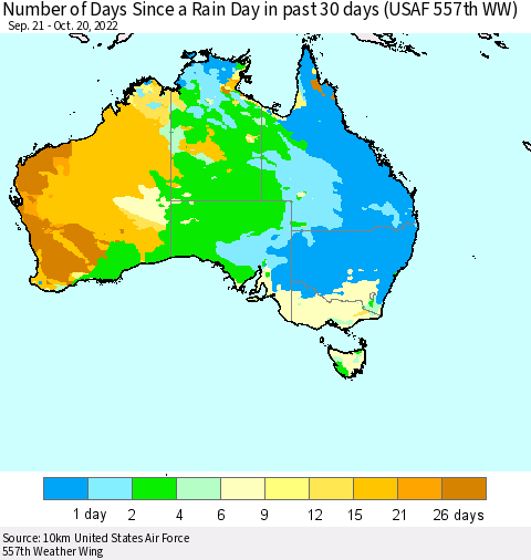 Australia Number of Days Since a Rain Day in past 30 days (USAF 557th WW) Thematic Map For 10/16/2022 - 10/20/2022
