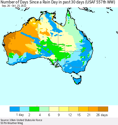 Australia Number of Days Since a Rain Day in past 30 days (USAF 557th WW) Thematic Map For 10/21/2022 - 10/25/2022