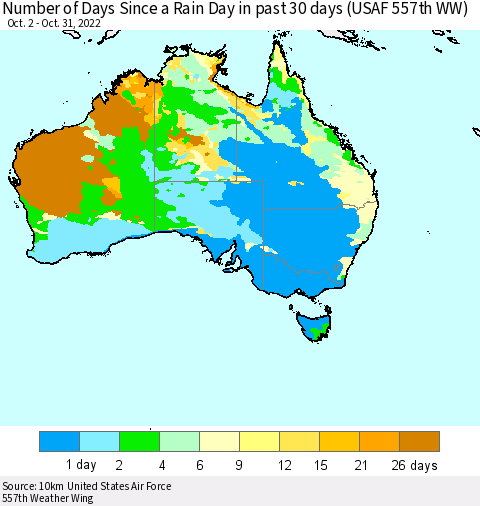 Australia Number of Days Since a Rain Day in past 30 days (USAF 557th WW) Thematic Map For 10/26/2022 - 10/31/2022