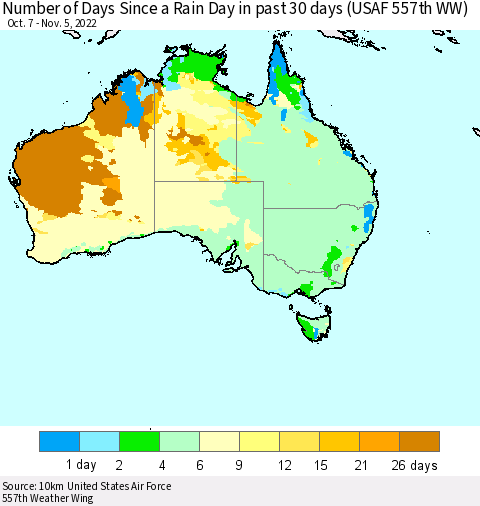 Australia Number of Days Since a Rain Day in past 30 days (USAF 557th WW) Thematic Map For 11/1/2022 - 11/5/2022