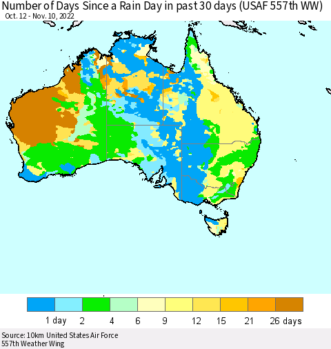 Australia Number of Days Since a Rain Day in past 30 days (USAF 557th WW) Thematic Map For 11/6/2022 - 11/10/2022