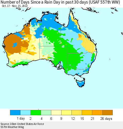 Australia Number of Days Since a Rain Day in past 30 days (USAF 557th WW) Thematic Map For 11/11/2022 - 11/15/2022