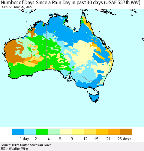 Australia Number of Days Since a Rain Day in past 30 days (USAF 557th WW) Thematic Map For 11/16/2022 - 11/20/2022