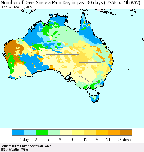 Australia Number of Days Since a Rain Day in past 30 days (USAF 557th WW) Thematic Map For 11/21/2022 - 11/25/2022