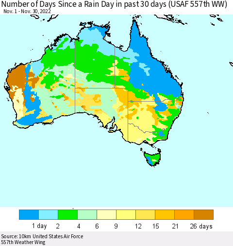 Australia Number of Days Since a Rain Day in past 30 days (USAF 557th WW) Thematic Map For 11/26/2022 - 11/30/2022