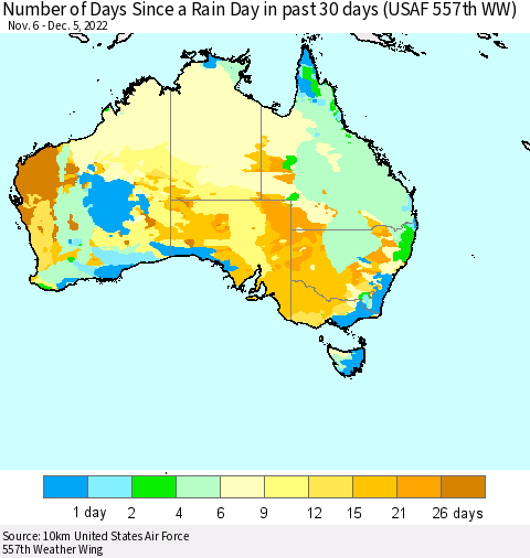 Australia Number of Days Since a Rain Day in past 30 days (USAF 557th WW) Thematic Map For 12/1/2022 - 12/5/2022