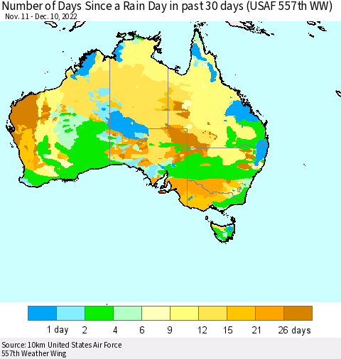 Australia Number of Days Since a Rain Day in past 30 days (USAF 557th WW) Thematic Map For 12/6/2022 - 12/10/2022