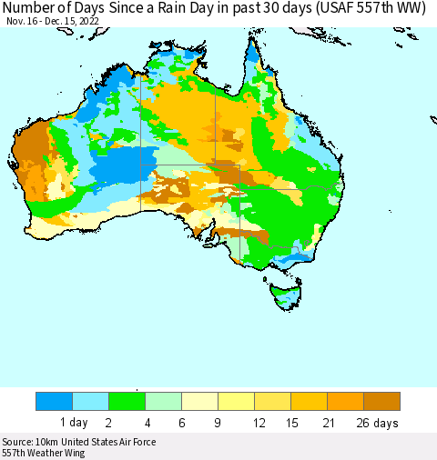 Australia Number of Days Since a Rain Day in past 30 days (USAF 557th WW) Thematic Map For 12/11/2022 - 12/15/2022