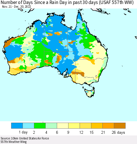 Australia Number of Days Since a Rain Day in past 30 days (USAF 557th WW) Thematic Map For 12/16/2022 - 12/20/2022